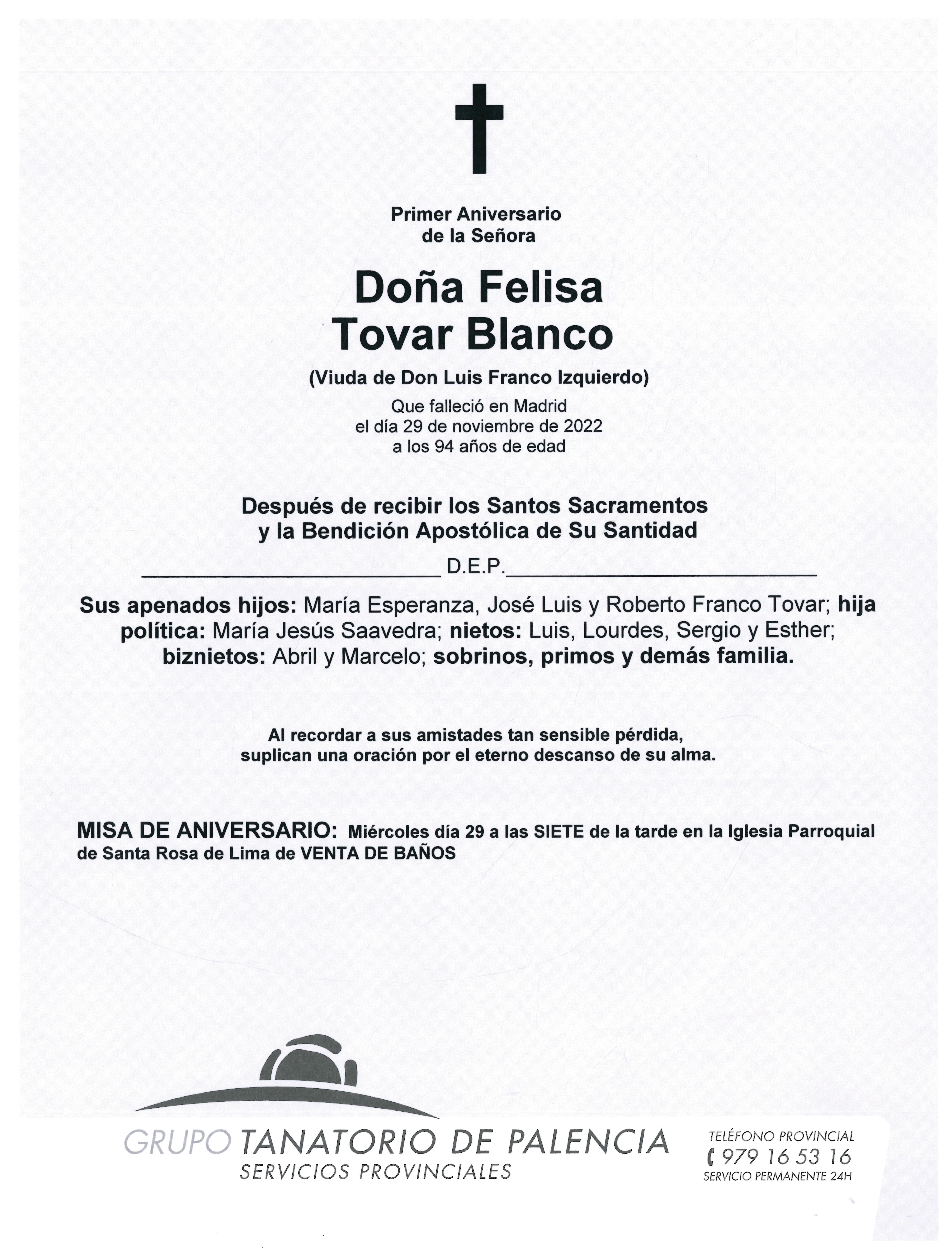 PRIMER ANIVERSARIO DE LA SEÑORA DOÑA FELISA TOVAR BLANCO